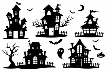 Haunted House Silhouettes | Halloween Clipart Set with Bats, Pumpkins & Spooky Tree