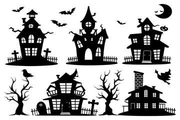 Haunted House Silhouettes | Halloween Clipart Set with Bats, Pumpkins & Spooky Tree