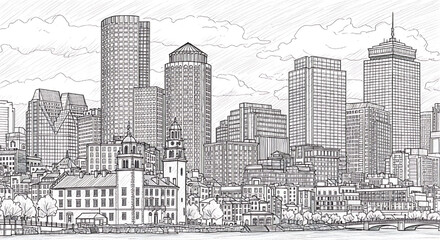 Fototapeta premium Detailed hand-drawn sketch of the Boston, Massachusetts skyline. Black and white vector illustration of the historic American city's architecture.