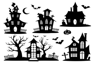 Haunted House Silhouettes | Halloween Clipart Set with Bats, Pumpkins & Spooky Tree