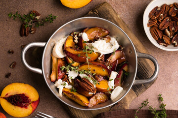 Salad with Caramelized Peaches, Burrata, Pecans, Thyme, and Honey