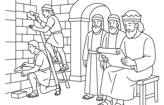 Biblical scene of josiah overseeing temple repairs for historical and educational design