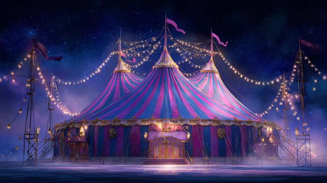 Magical Glowing Circus Tent with Striped Roof at Night Under Starry Sky with Purple Accents and Warm Lighting In Outdoor Setting Creating Whimsical Atmosphere