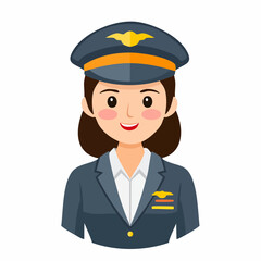 Smiling female airline pilot in uniform and captain hat cartoon character vector illustration