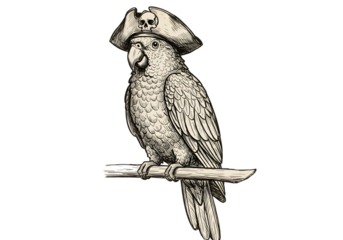 Pirate Parrot Illustration in Vintage Style Perched on a Branch with a Skull