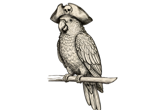 Pirate Parrot Illustration in Vintage Style Perched on a Branch with a Skull