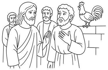 Biblical scene of jesus predicting peter's denial with disciples and rooster for religious education