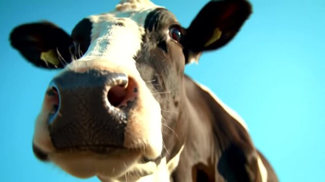 Closeup portrait of a black and white holstein cow with large, curious eyes, set against a vibrant blue sky, showcasing farm life and livestock