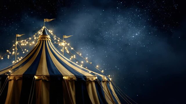 Stripped Circus Tent Under Night Sky with Fairy Lights in the Dark Blue Background for Parties and Events and Festive Celebrations and Holiday