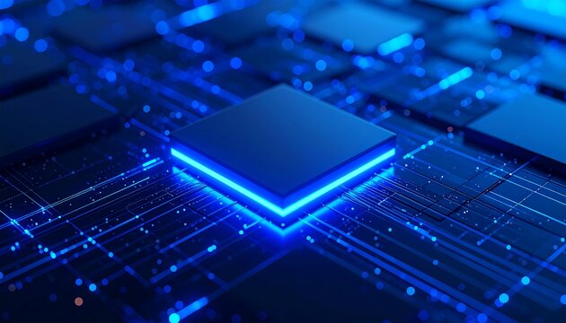 Abstract representation of a computer chip, with glowing blue circuits