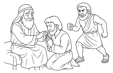 Fototapeta premium Isaac blesses jacob scene with approaching esau - biblical story for educational and religious themes