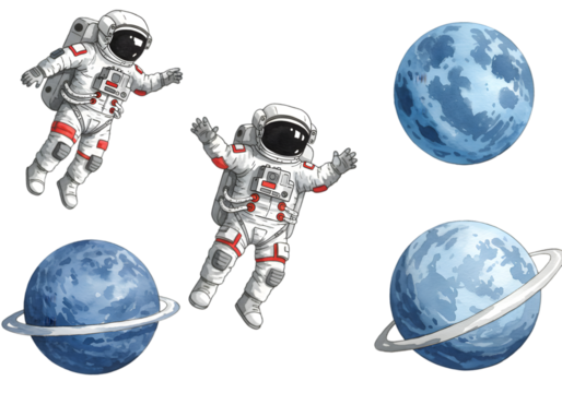 Pixel Art Astronauts Floating Amongst Blue Planets on Transparent Background