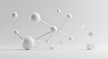 Abstract white molecular structure with spheres and cubes in minimalist design
