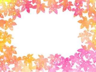 秋の紅葉のイメージの背景素材。水彩風テクスチャー。紅葉の葉っぱのシルエット。かわいい色調。ふんわりした光の輝き。コピースペース。