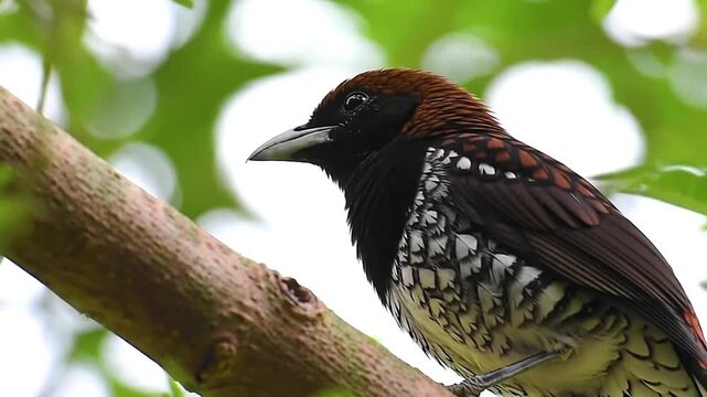 A scalybreasted munia perches on a branch its head redbrown black chest and mottled body contrasting with green foliage