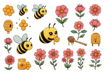Pixel Art Bees And Flowers On Transparent Isolated Background Illustration