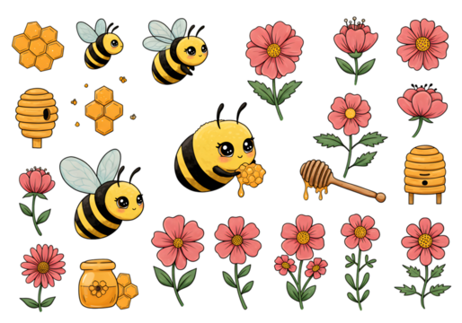 Pixel Art Bees And Flowers On Transparent Isolated Background Illustration