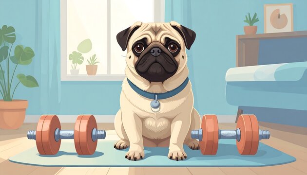Pug dog working out at home