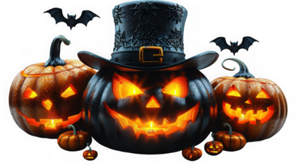Three carved halloween pumpkins with glowing faces and bats flying around, isolated on transparent background