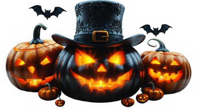 Three carved halloween pumpkins with glowing faces and bats flying around, isolated on transparent background