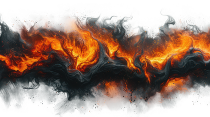 Abstract fiery explosion of orange flames and black smoke, isolated on transparent background