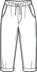 CAD drawing flat vector illustration of jogger pants with elastic waistband, casual fashion sketch, unisex sweatpants apparel template