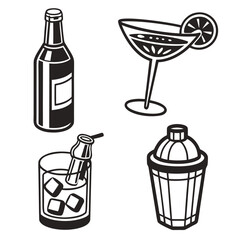 Black and white beverage icons bottle cocktail glass