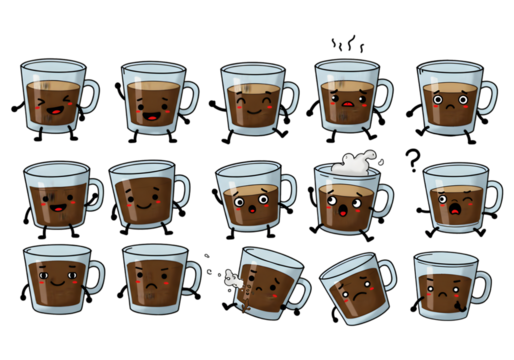 Pixel Art Coffee Cups With Various Facial Expressions Isolated On Black Background