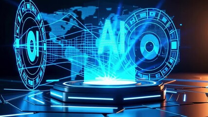 Futuristic AI technology concept with glowing AI text on a digital platform, global data map background - Powered by Adobe