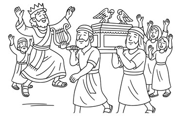 Joyful celebration with king and ark of the covenant for religious coloring design