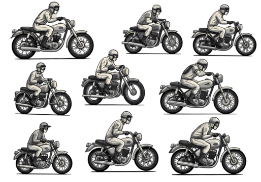 Pixel Art Collection Of Motorbike Riders In Black And White On Transparent Background