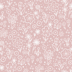 Seamless floral pattern, rustic flowers print with cute spring botany on pink