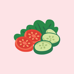 Illustration of sliced tomatoes, cucumbers and fresh green leaves in simple flat design style on a pink background