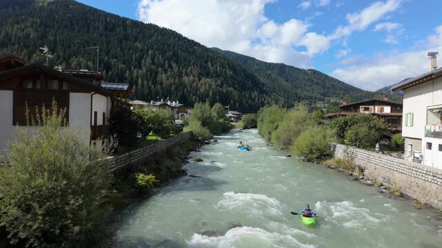 Rafting along Noce river in Val di Sole, Trentino, Italy.