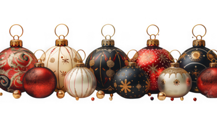 A collection of festive christmas ornaments in red, black, and cream colors, isolated on transparent background