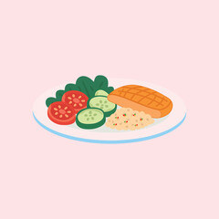 Healthy food illustration containing grilled salmon, fresh vegetables, tomatoes, cucumbers, and rice in a minimalist flat design style on a white plate.
