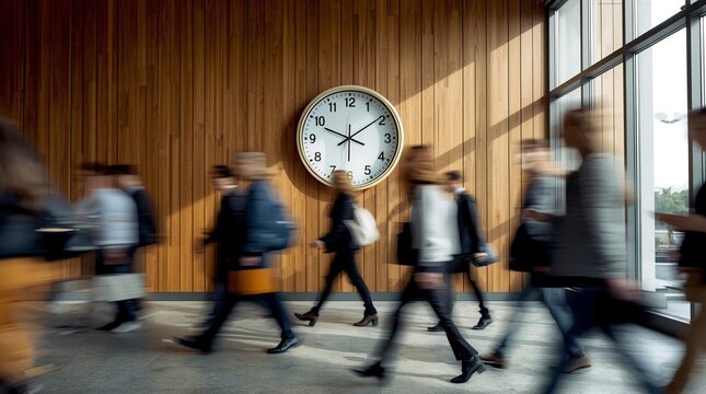 Business people walking in modern office lobby with large wall clock symbolizing time management, busy lifestyle, rush hour, corporate schedule, deadline pressure and teamwork concept