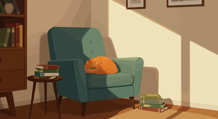 Cozy Cat Nap An Orange Cat Resting in an Armchair with Books