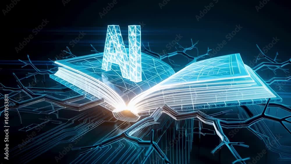 Poster dynamic ai concept with glowing book and digital circuitry, representing knowledge and technology