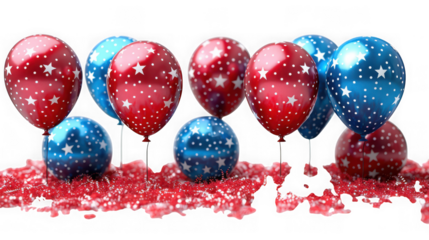 Red and blue balloons with white stars floating above red confetti isolated on transparent background