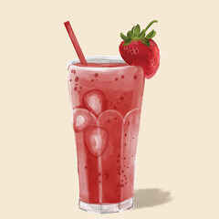 Refreshing Strawberry Juice with Ice and Whole Strawberry Garnish – Watercolor Illustration
