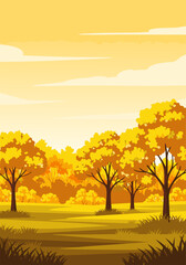 Golden Autumn Landscape with Trees and Yellow Foliage Under a Cloudy Sky, Serene Natural Scenery