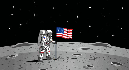 Astronaut planting national flag on cratered lunar surface under a vast starry sky