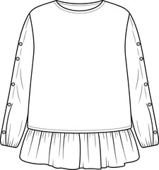 Long sleeve dress, drop waist design, button cuff detail, fashion flat sketch, garment CAD drawing, apparel vector template, technical illustration