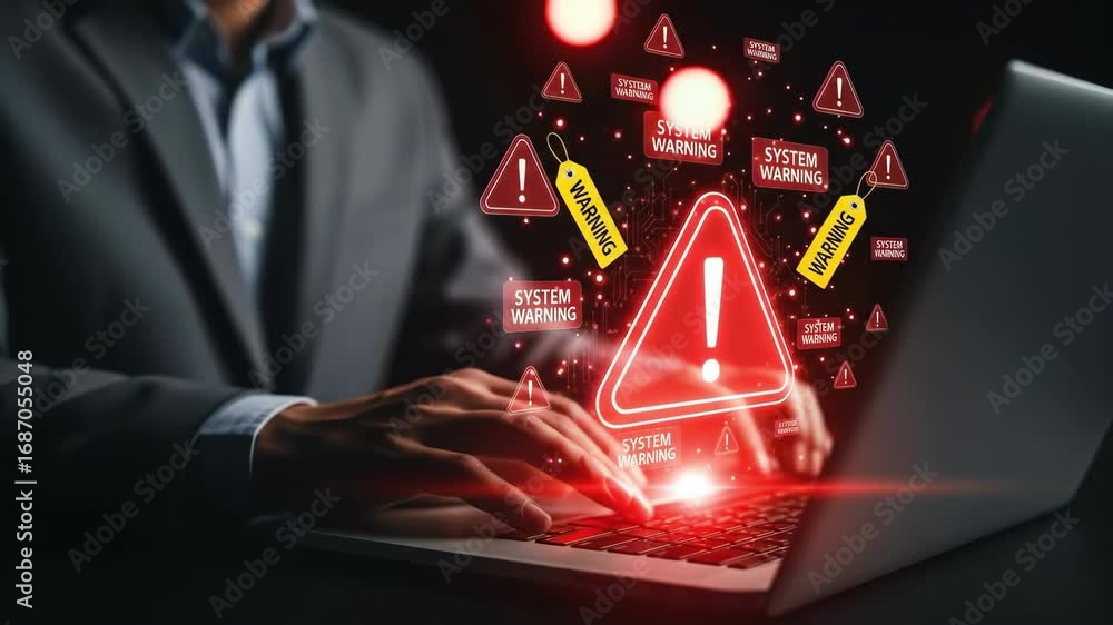 Poster a system warning alert cybersecurity risk data breach and computer technology danger with person typ