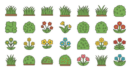 Vector Landscape Elements Colorful Shrubs Grass and Flowers