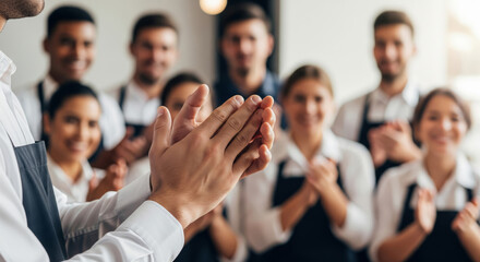 Restaurant team applauding colleague in uniforms