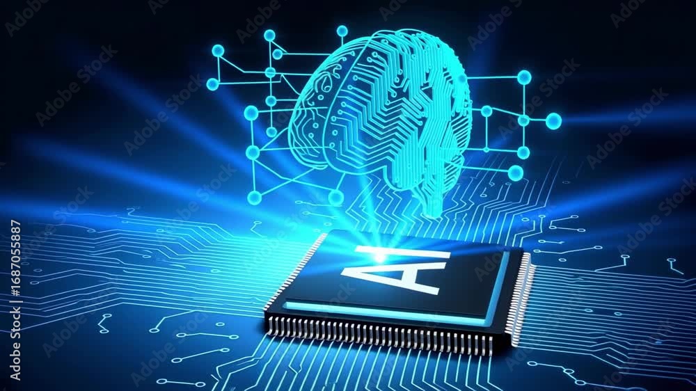 Poster futuristic ai brain concept with circuit board design, representing artificial intelligence and data