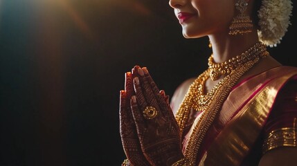 Indian woman in traditional dress with hands in prayer pose symbolizing devotion, culture, and sacred spirituality.