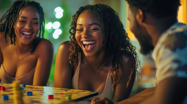 Young adults laughing and playing a board game together during a house party.